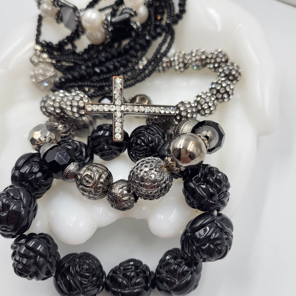 Black Beads & Sparkle Stretch Bracelet Bundle - 5 Unique Pieces - Picture 3 of 9